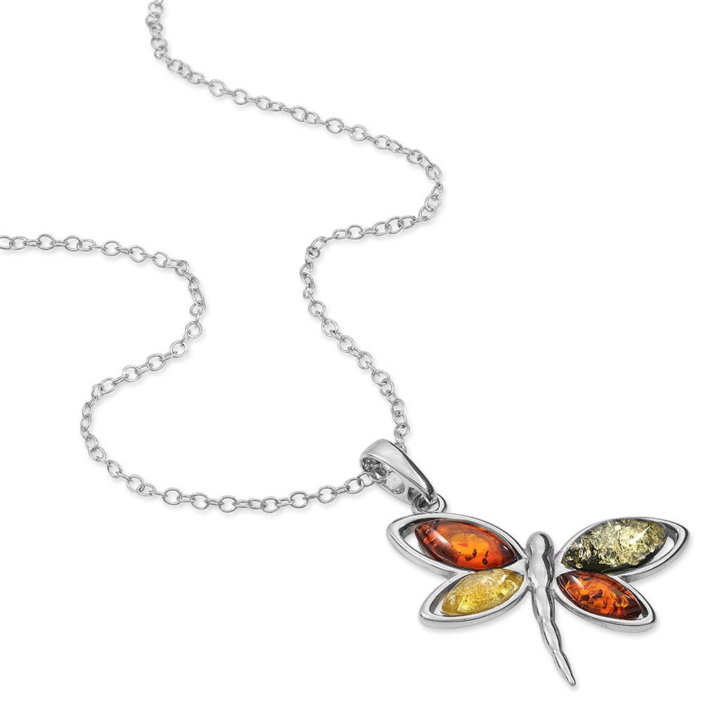 Collier Libellule Argent Blanc Ambre