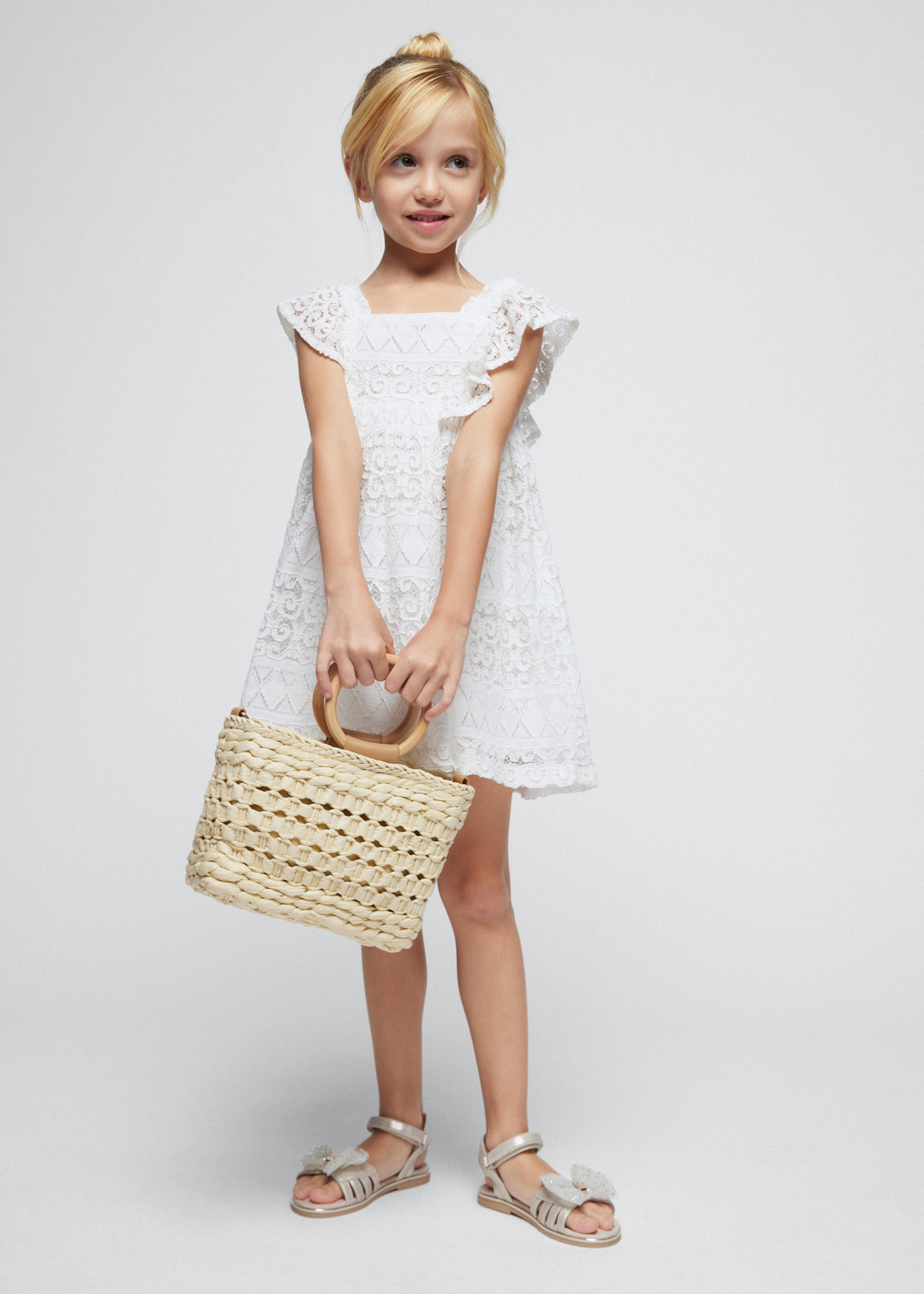 Vestido de crochê para meninas, branco-creme