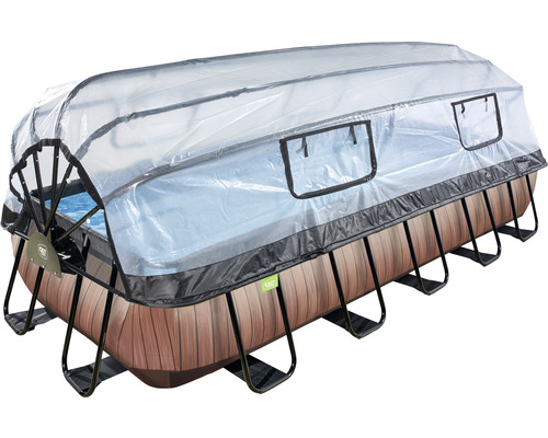 EXIT WoodPool rechthoekige opzetzwembadset 540x250x122 cm inclusief zandfiltersysteem, ladder & afdekking met houtlook