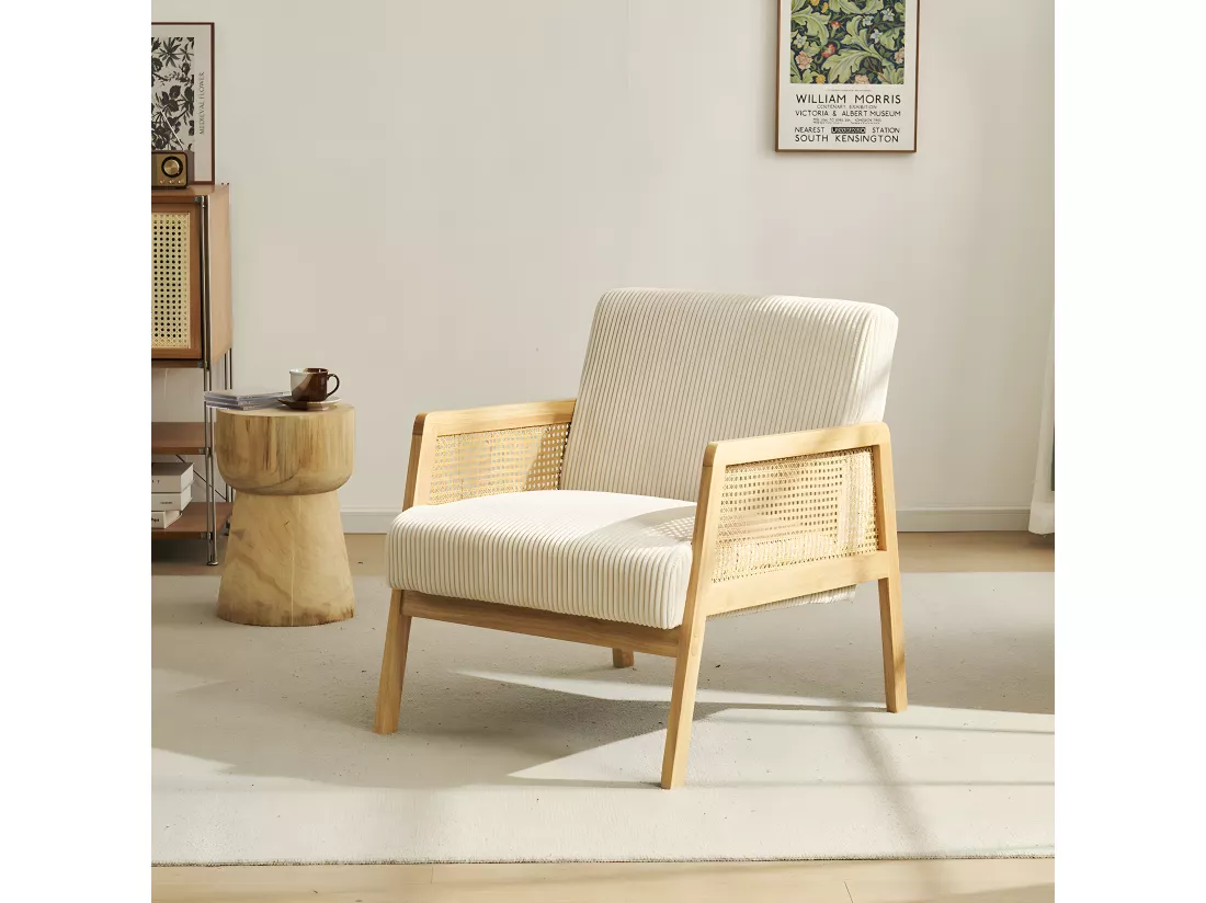 Fauteuil en cannage et velours côtelé beige - Mani