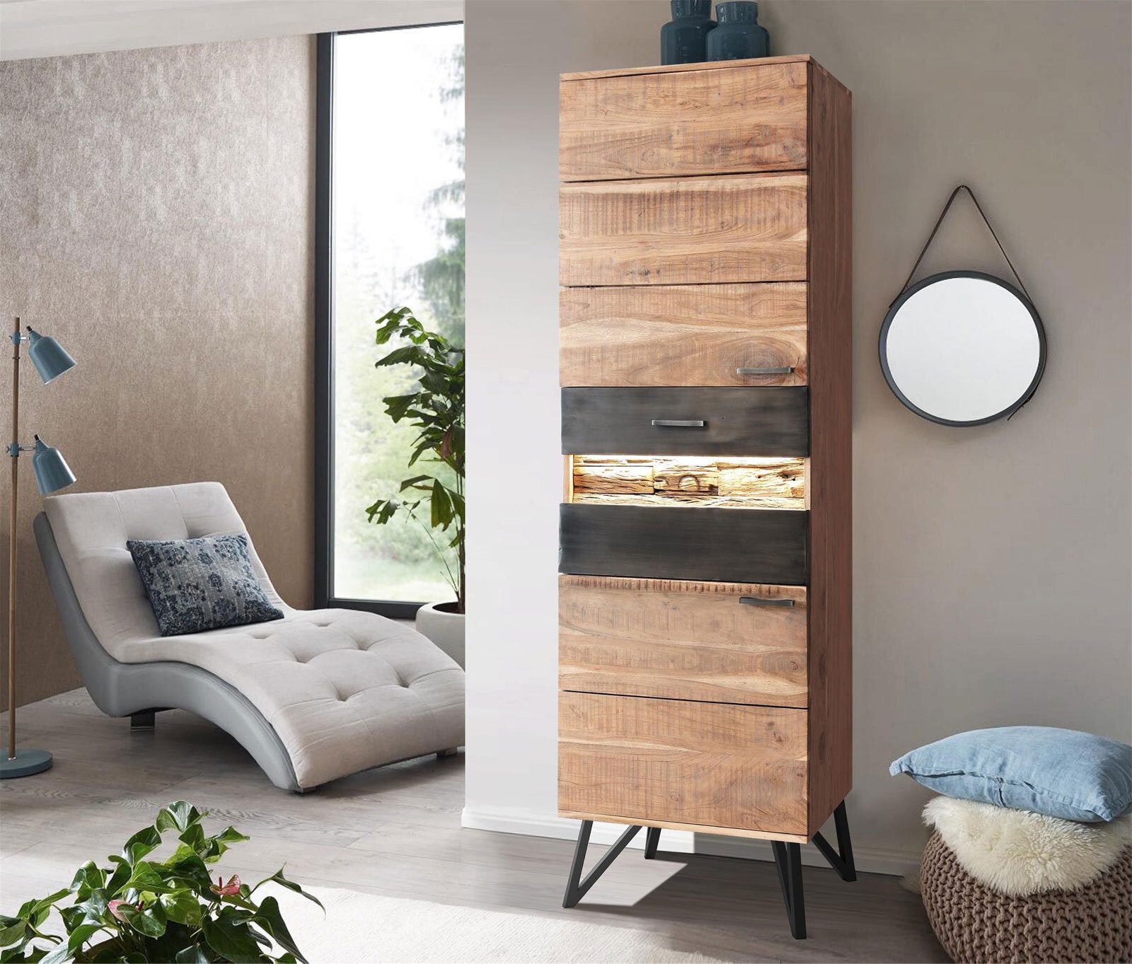 Vitrine I HAWK 58 x 183 cm Akazienholz braun/schwarz