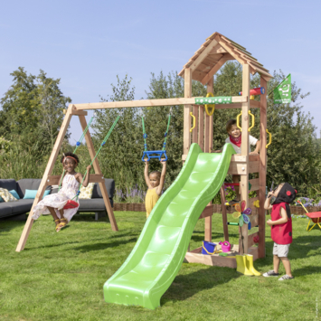 Speeltoestel Jungle Gym Cocoon met groene glijbaan en dubbele schommel van douglashout