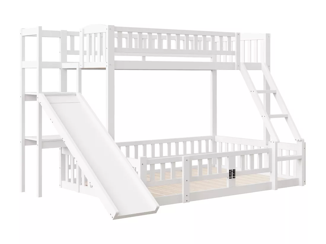 Lits superposés 140 x 200 cm + 90 x 200 cm avec toboggan, étagères et barrières de protection - Pin+MDF - Blanc (sans matelas)