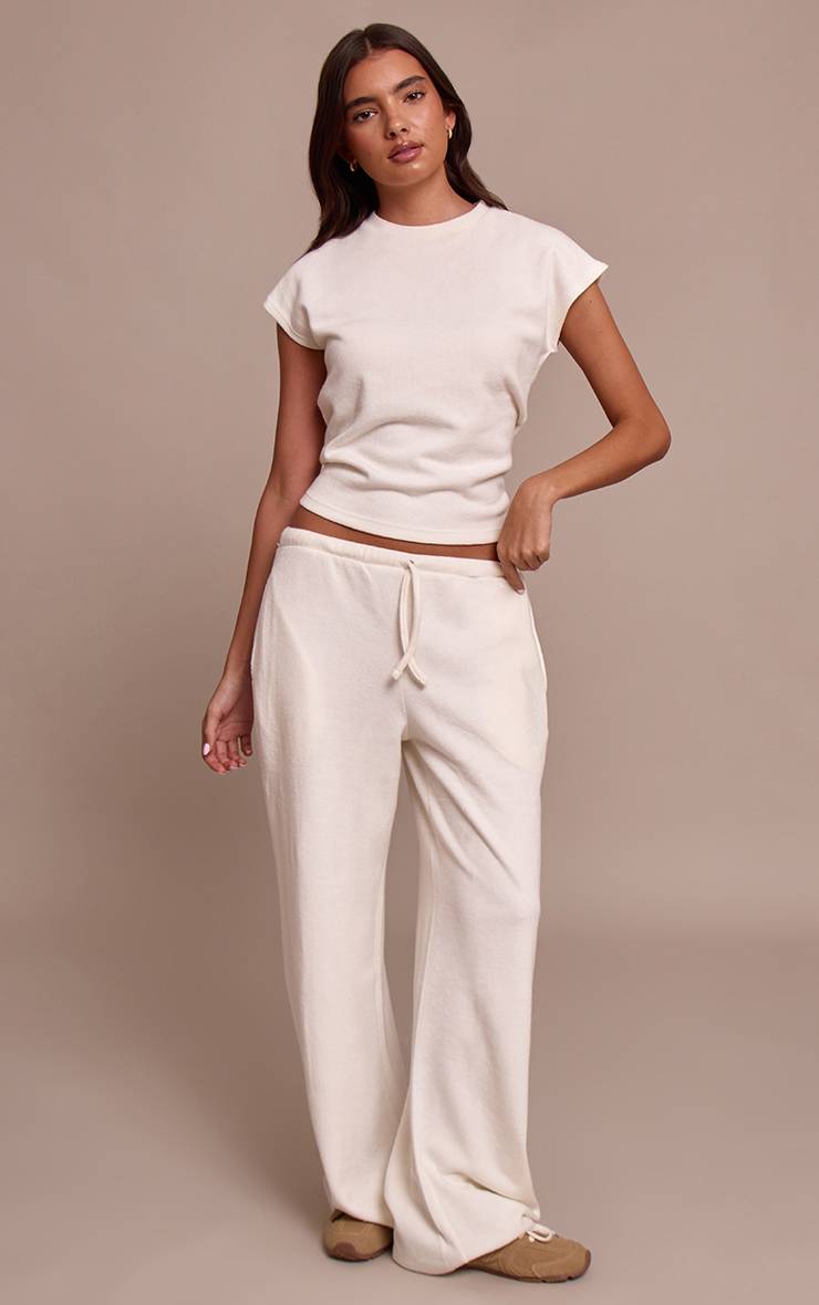 Crème Pantalon Droit En Maille Côtelée