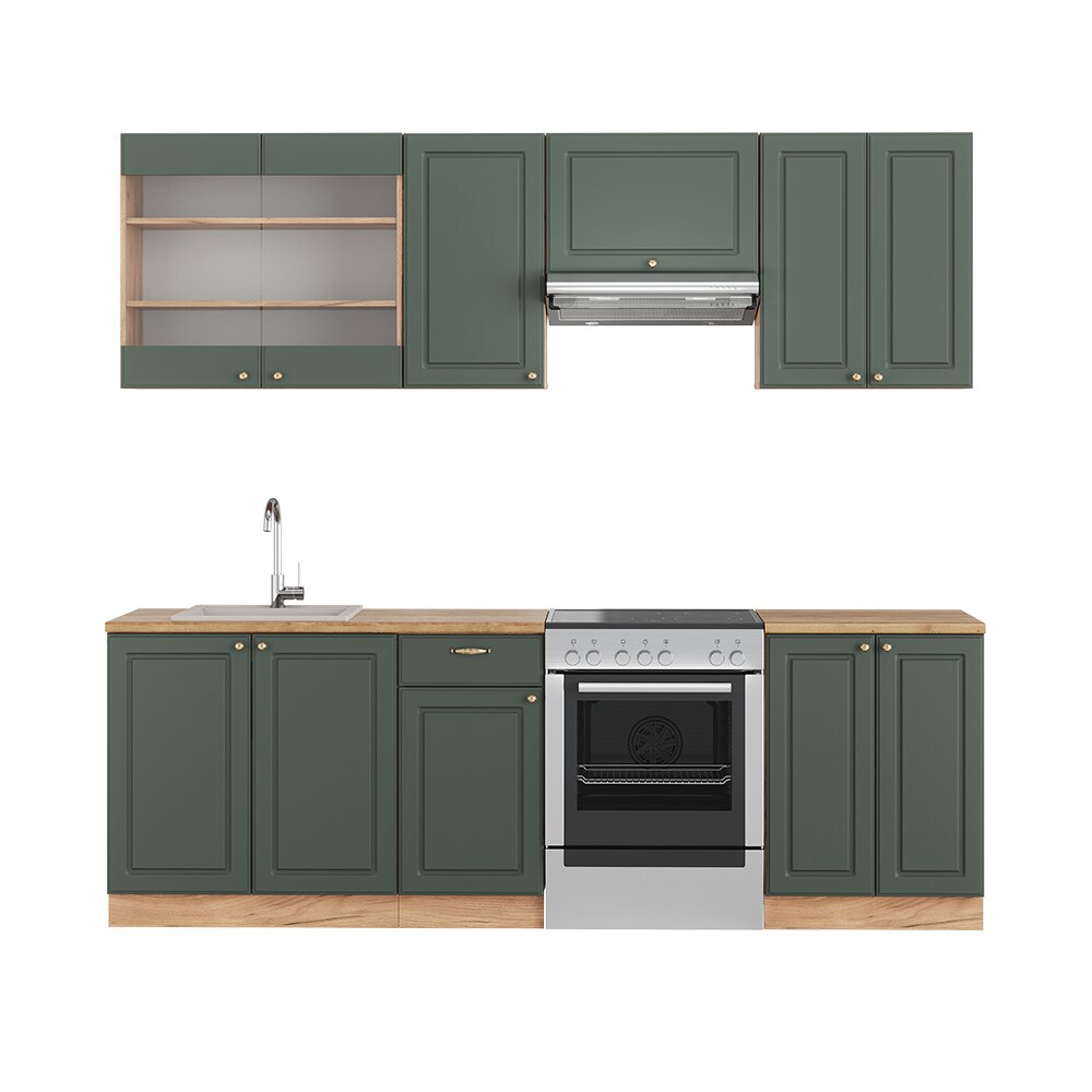 Vicco Küchenzeile Küchenblock Einbauküche Fame-Line Landhaus Eiche Grün Gold 240 cm Küchen Schränke Spülenunterschrank Schubunterschrank Hängeschrank Hängeglasschrank