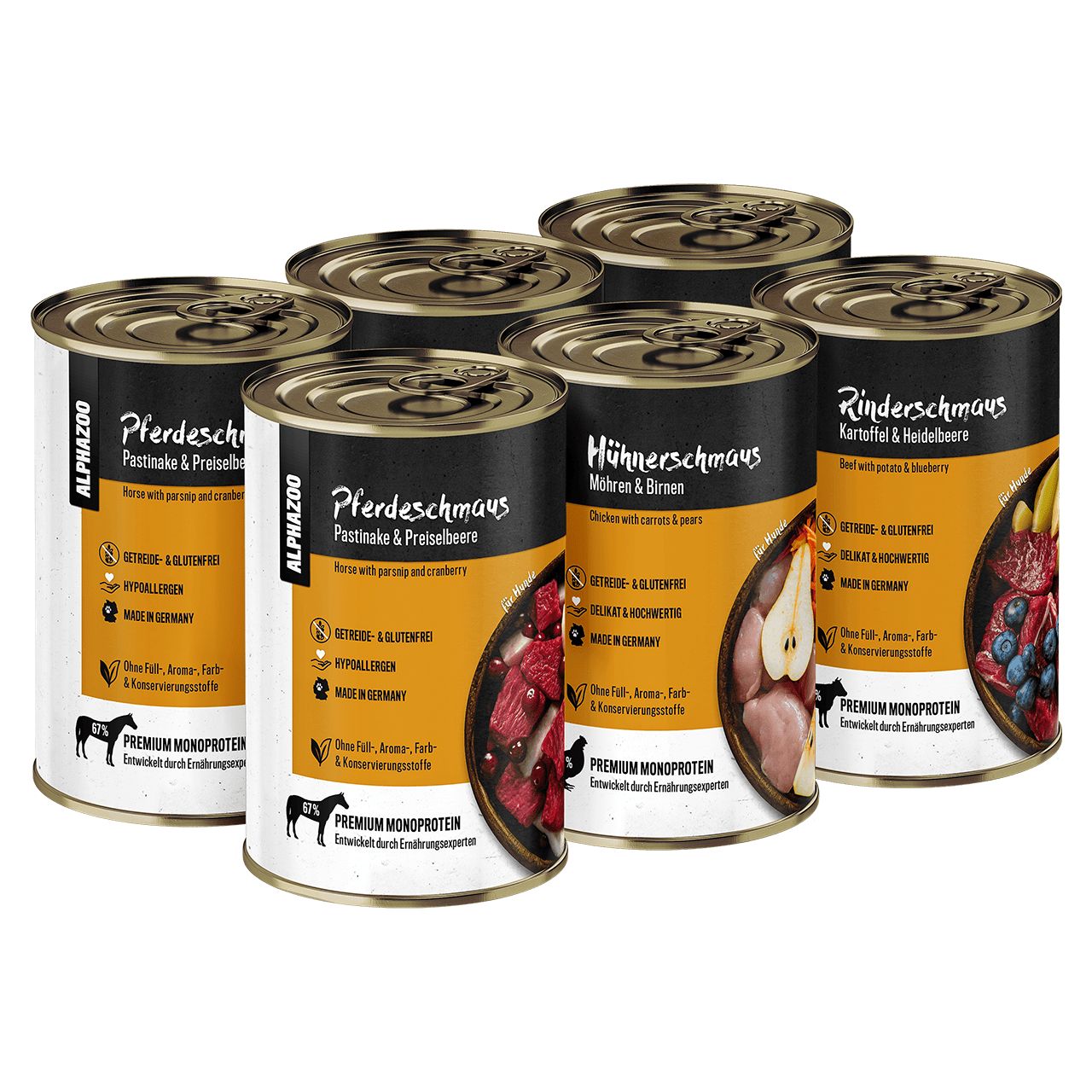 ALPHAZOO Probierschmaus, Nassfutter Probierpaket (Rind, Huhn, Pferd) für Hunde