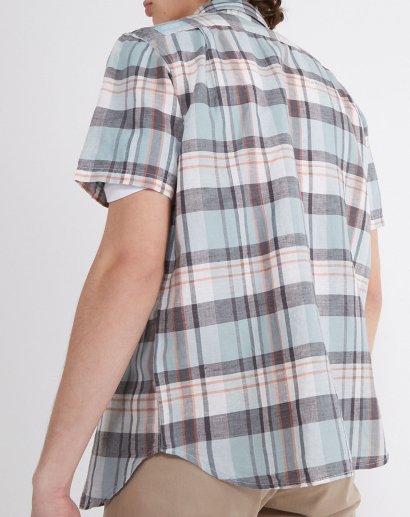 Oxbow Chemise droite en Lin & Coton Cheka carreaux bleu/vert/gris