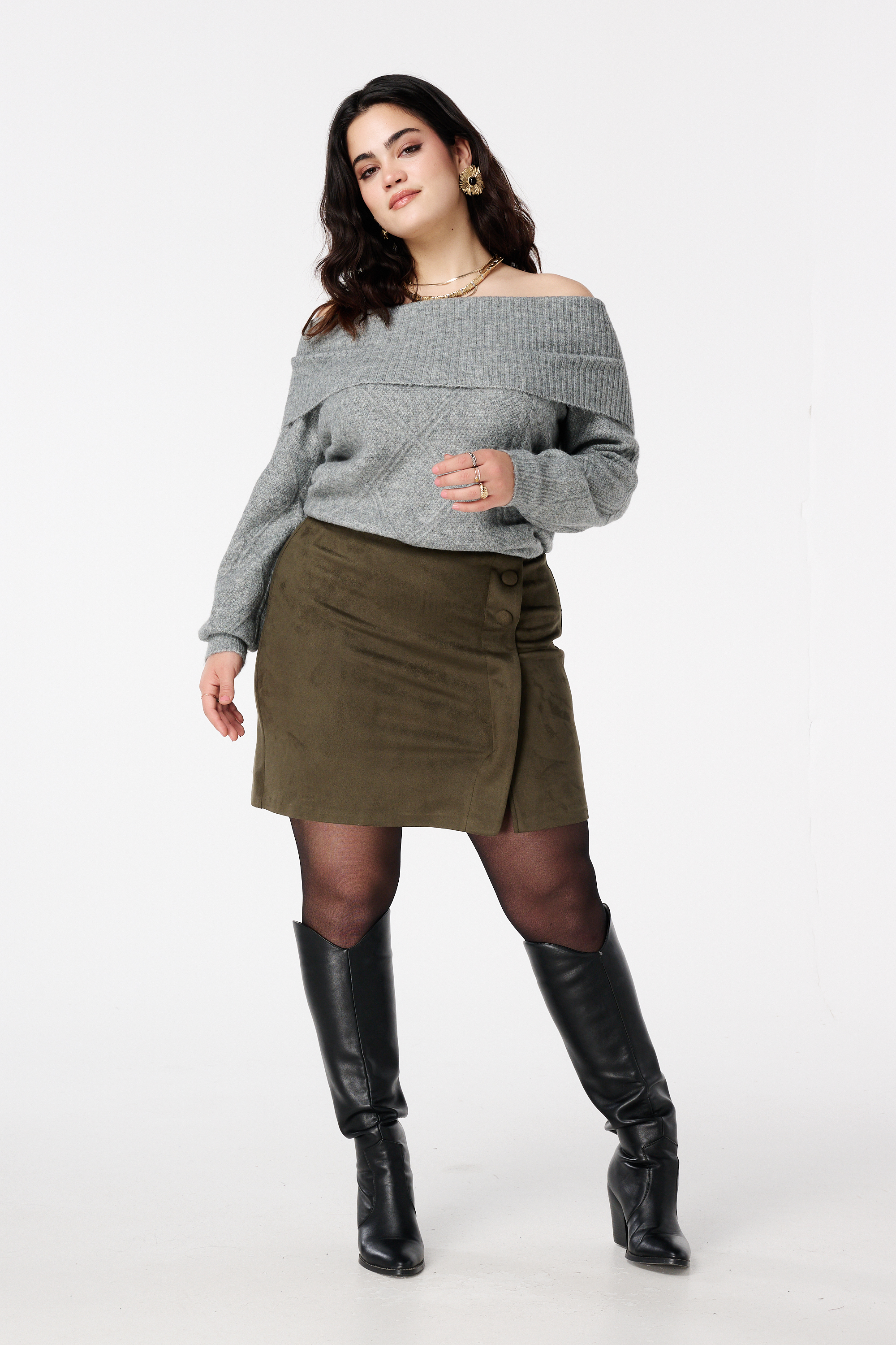 Rok met suede look en knoopdetail Donker khaki