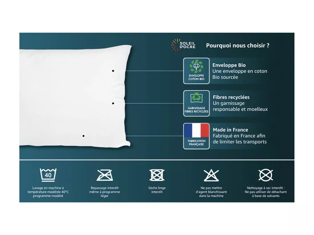 Oreiller blanc coton bio 50x70 cm NATURA, par Soleil d'Ocre