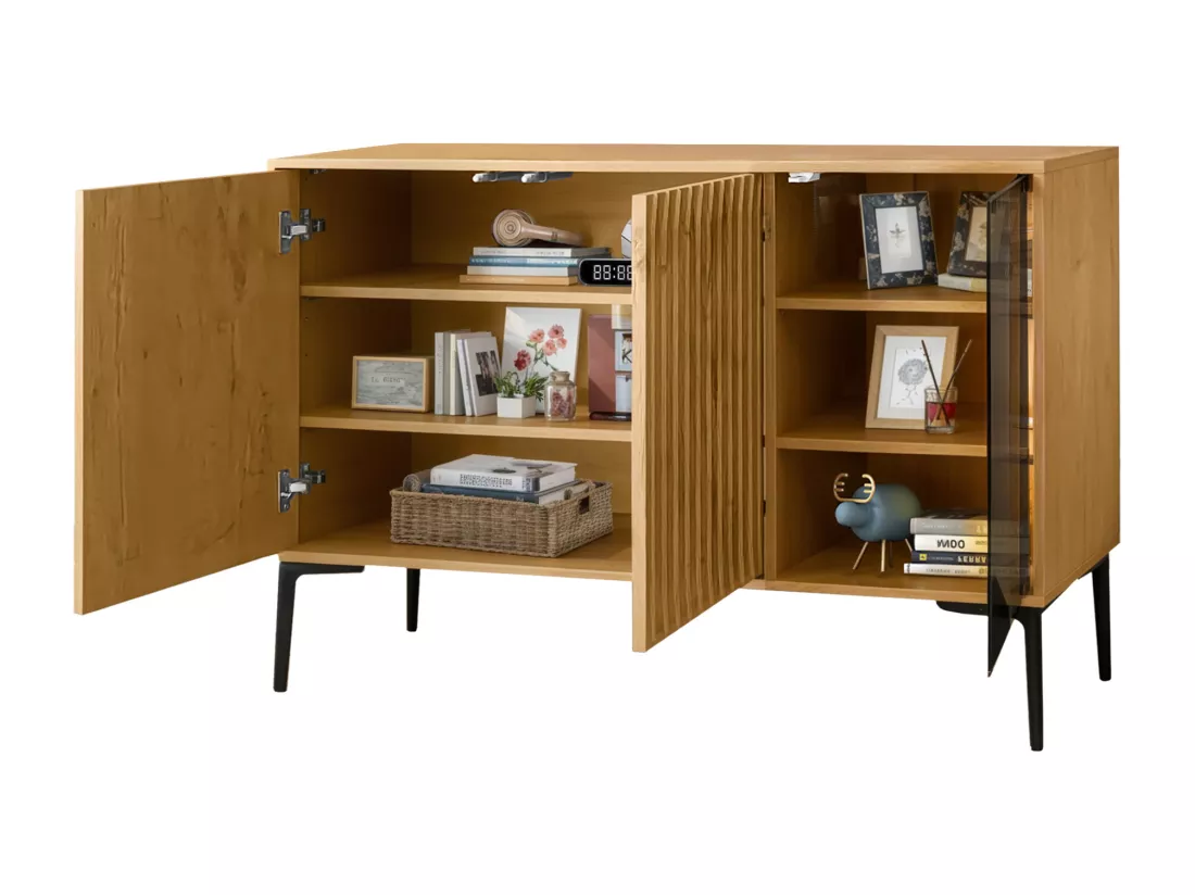Buffet, meuble de salle de bain avec 3 portes - 120 x 35 x 80 cm - Bois MDF + verre - LEDs - Naturel