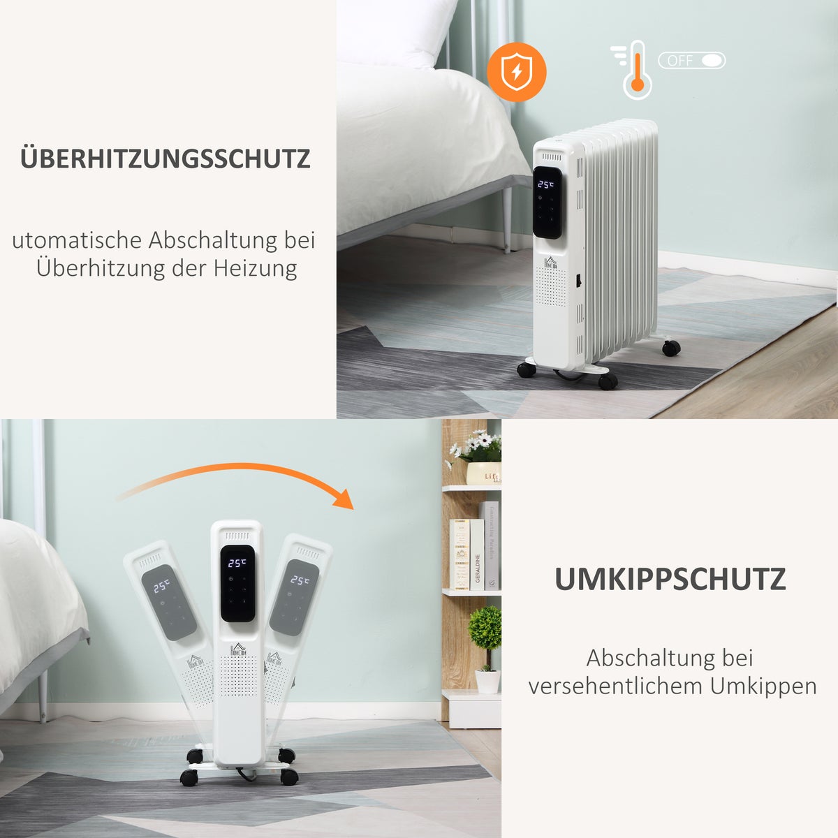 HOMCOM Draagbare elektrische olieradiator, 2500W, 3 warmtestanden, 24-uurs timer, 11 verwarmingspanelen met 4 wielen, wit staal, 50,5 x 24 x 63 cm