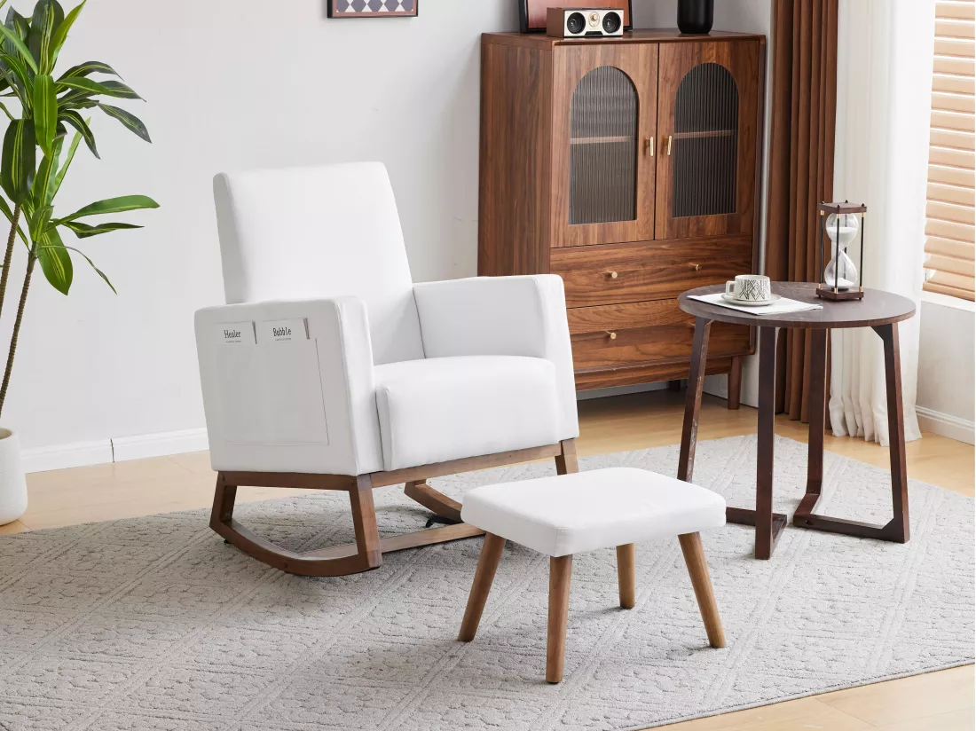 Rocking chair avec repose-pieds - en velours - Blanc