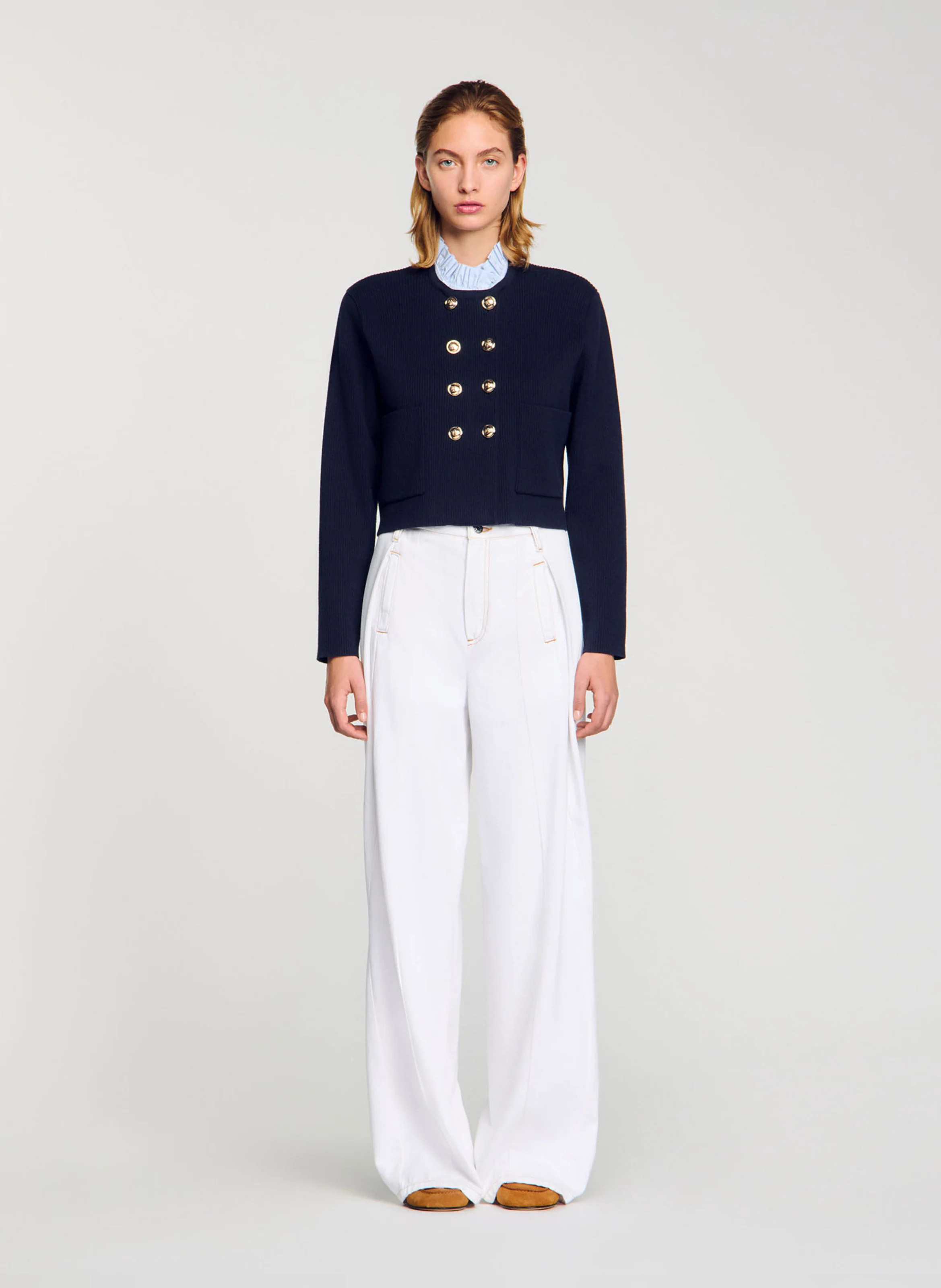 Cardigan à col volanté amovible | Bleu