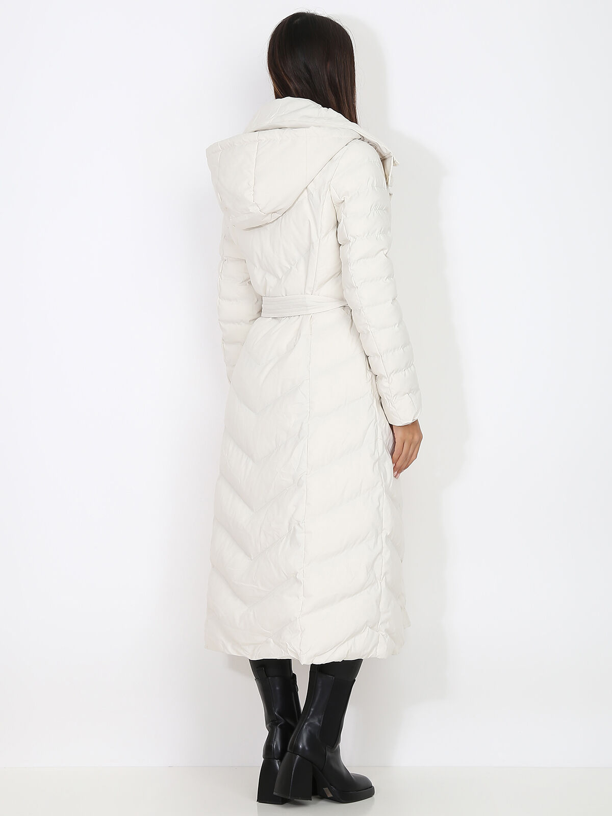 Doudoune longue ceinturée à capuche- Beige