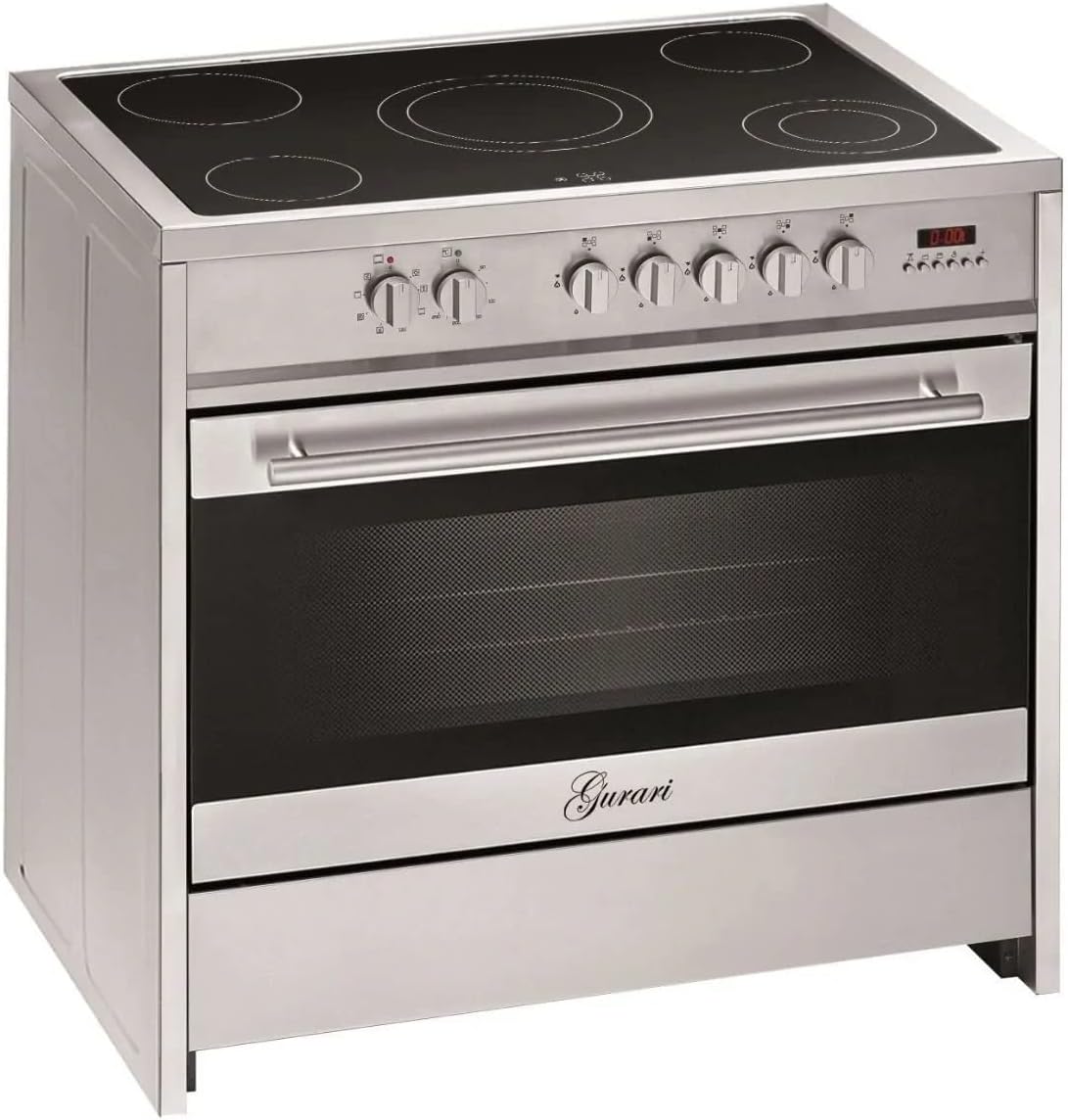 Elektro Standherd 90 cm GCH E 912 X Glaskeramik Herd Range Coocker 121 L | Heißluft | Grill | 5 Hi-Light Zonen Kochfeld | Teleskopauszug | Edelstahl Grau/Silber