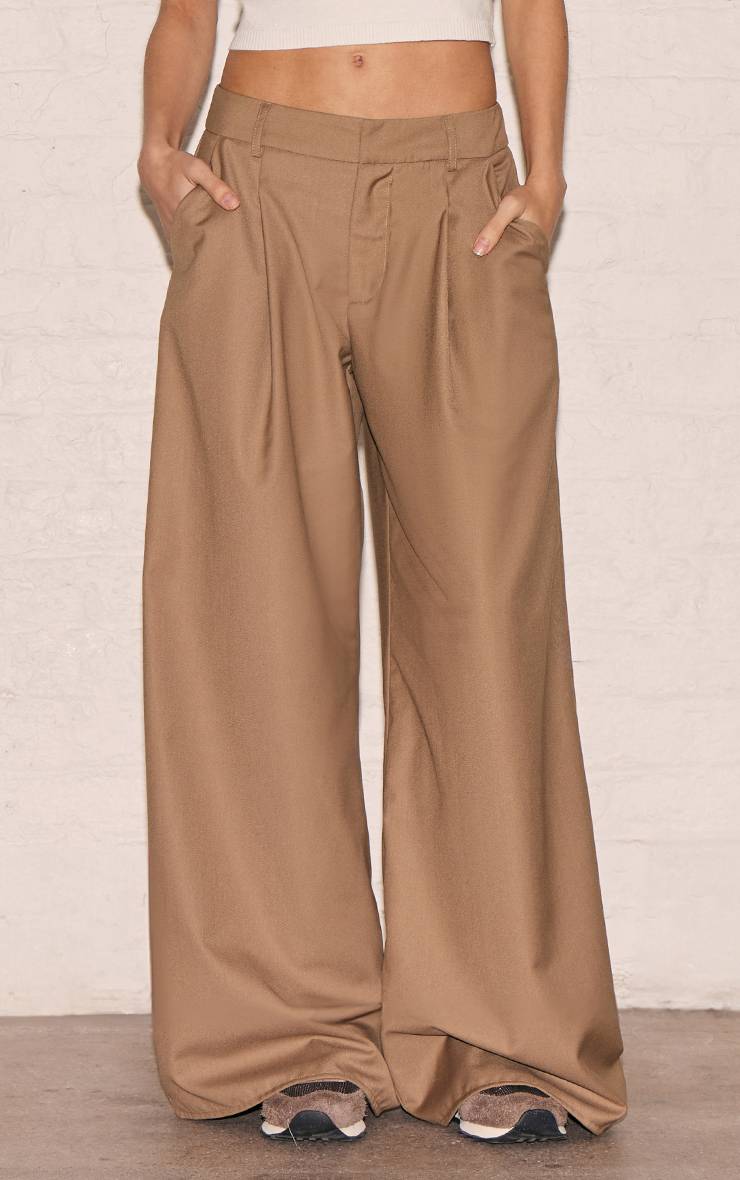 Taupe Pantalon Large Tissé À Double Pli
