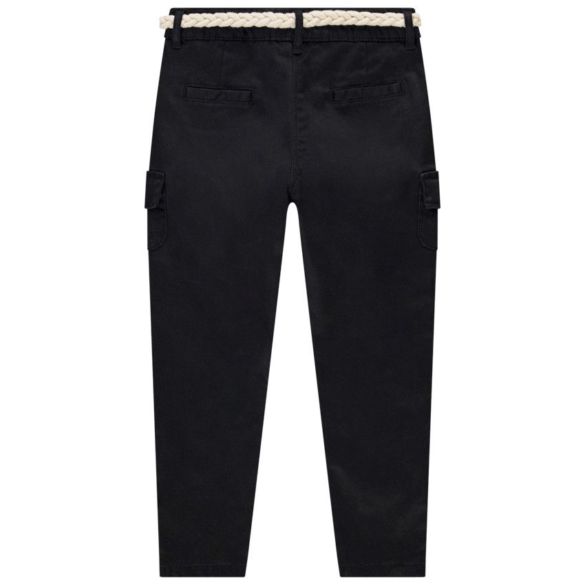Pantalon twill cargo uni + ceinture tressée pour fille - Noir