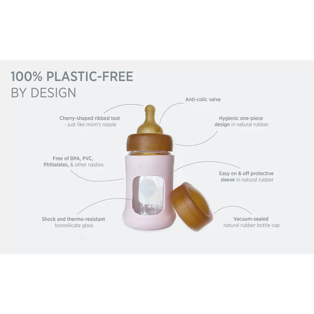 Hevea Glas Sutteflaske Wide Neck med Sleeve 150 ml, Powder Pink - 1 stk.