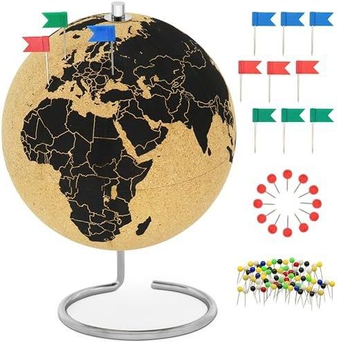 Wereldbol - 54 Pinnen - Natuurlijke Kurk - Roestvrijstalen Voet