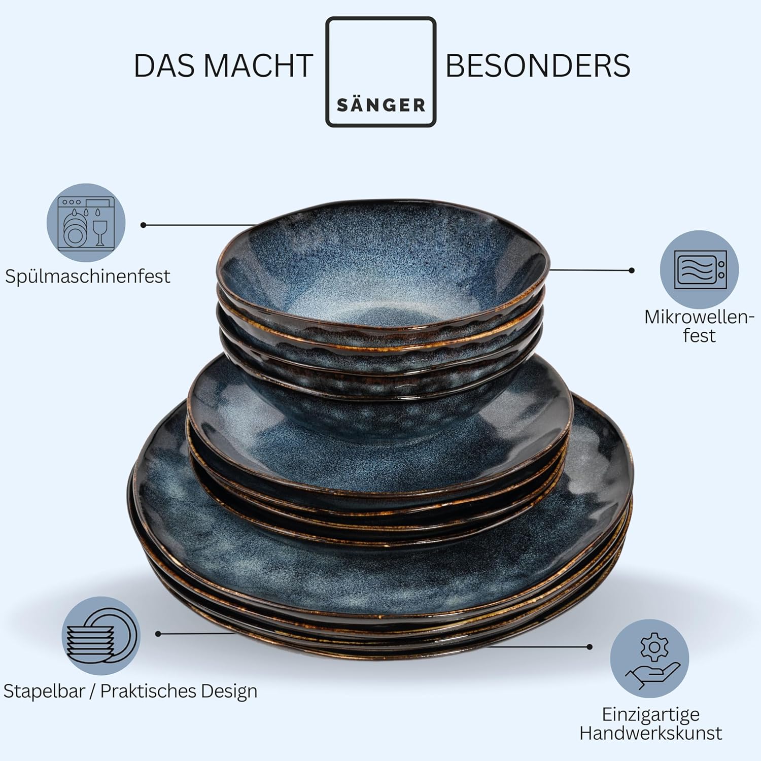 Sänger | Tafelservice Tokio 24 tlg, Geschirrset 8 Personen, Steingut Tableware Set, Essgeschirr, Modern Handmade, Essservice Dunkelblau mit schwarzen Akzenten| PREMIUM COLLECTION