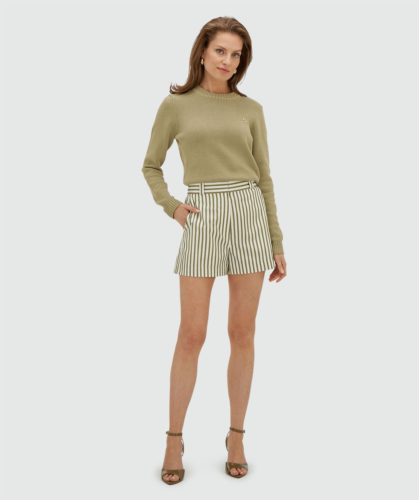 JV-BODIL mid rise wide leg shorts met strepen - dark pistachio stripe