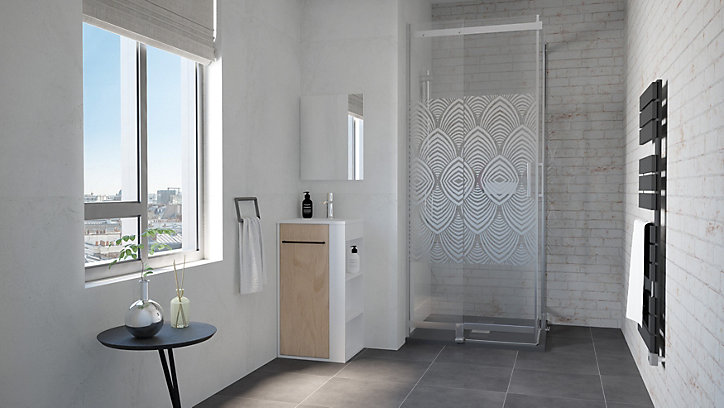 Meuble rectangle tout en un compact H.84 x l.44 cm, blanc mat, porte décor bois, Nova