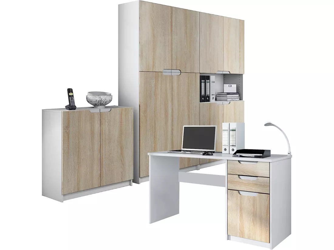 Ensemble de Meubles de Bureau Corps en Blanc Mat et Façades en Chêne Brut