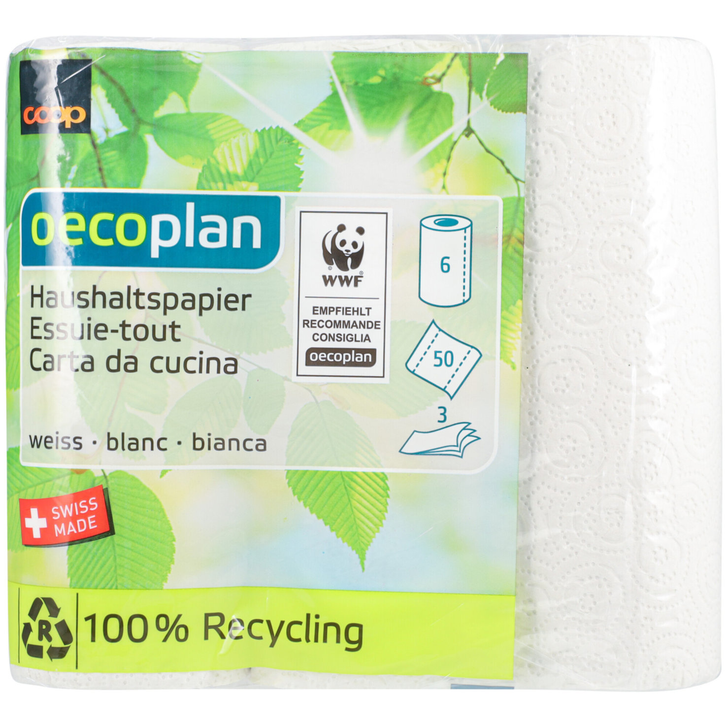 Oecoplan Haushaltpapier weiss, 6 Rollen 3-lagig