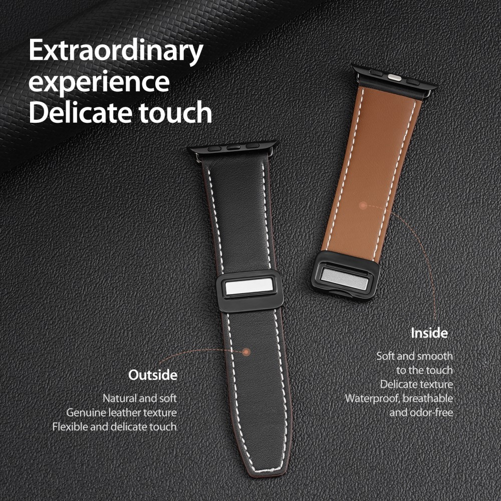 Apple Watch (49/46/45/44 mm) Echtleder Armband mit Magnet-Verschluss (Gelenkumfang 185-245mm) - Schwarz