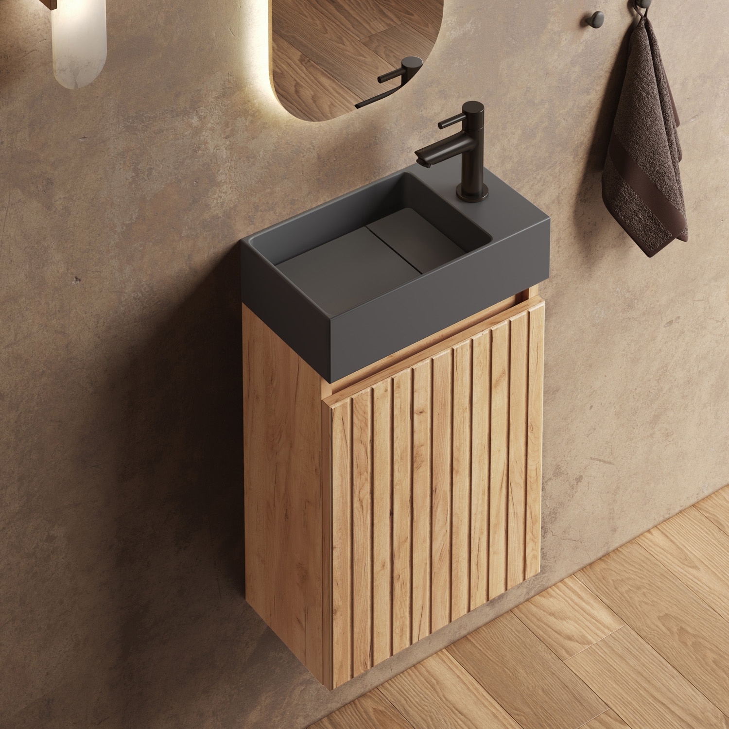 Fontana Itsie toiletmeubel warm eiken ribbelfront 40cm met fontein in mat antraciet