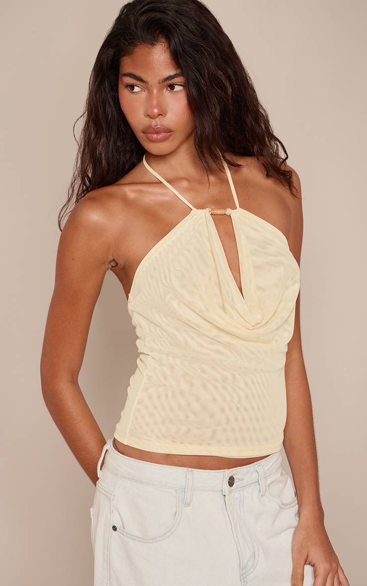 Citron Haut À Encolure Licou En Mesh Avec Bordure De Perles