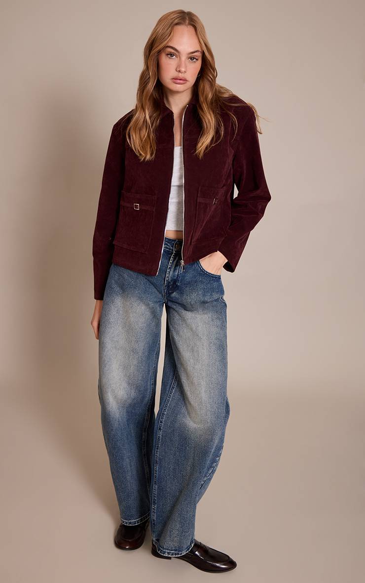 Rouge Bordeaux Veste En Faux Suède Avec Poches À Détails