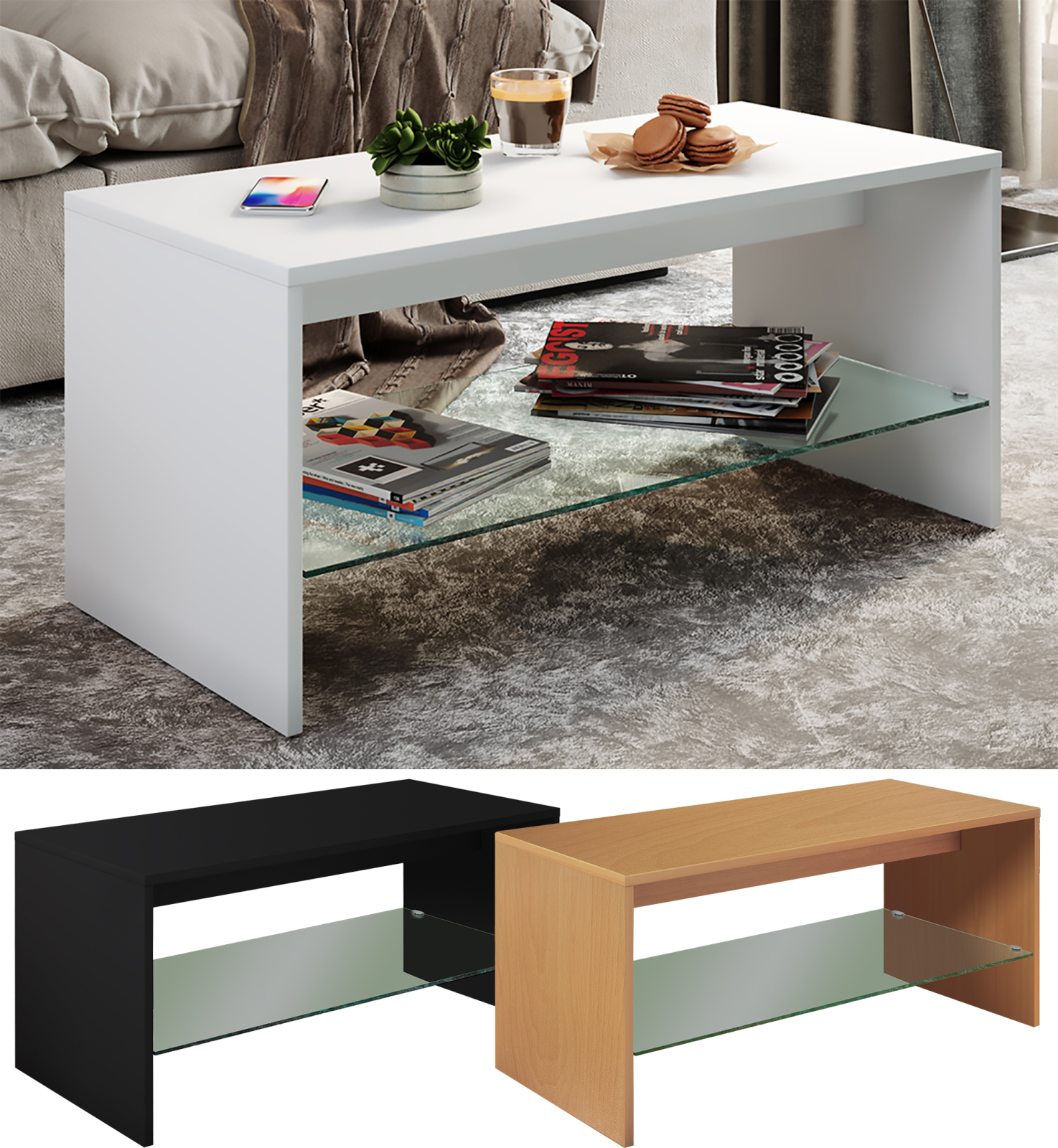 Couchtisch WISAL - schwarz - Glasablage - 90 cm