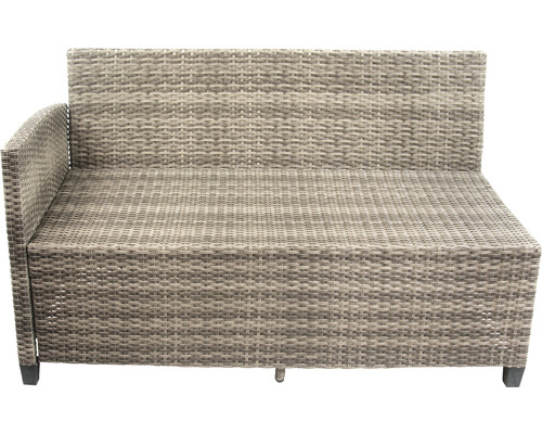 Tuinset voor 6 personen, bestaande uit: 2 banken, 1 hoekmodule, fauteuil, 2 krukken, tafel. Polyrotan, aluminium, grijs.