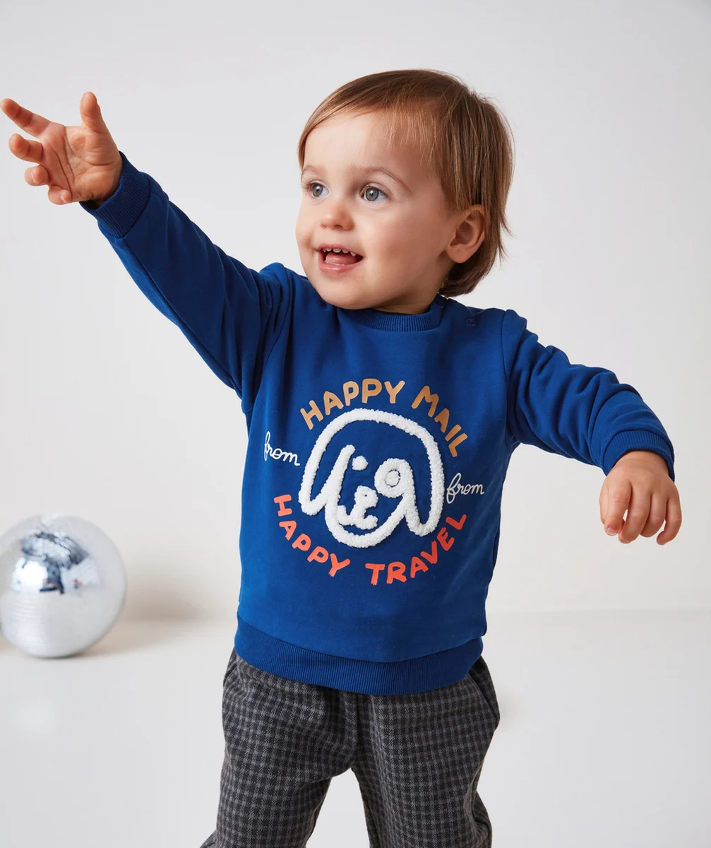 SWEAT BÉBÉ GARÇON BLEU AVEC MESSAGE ET CHIEN EN BOUCLETTES