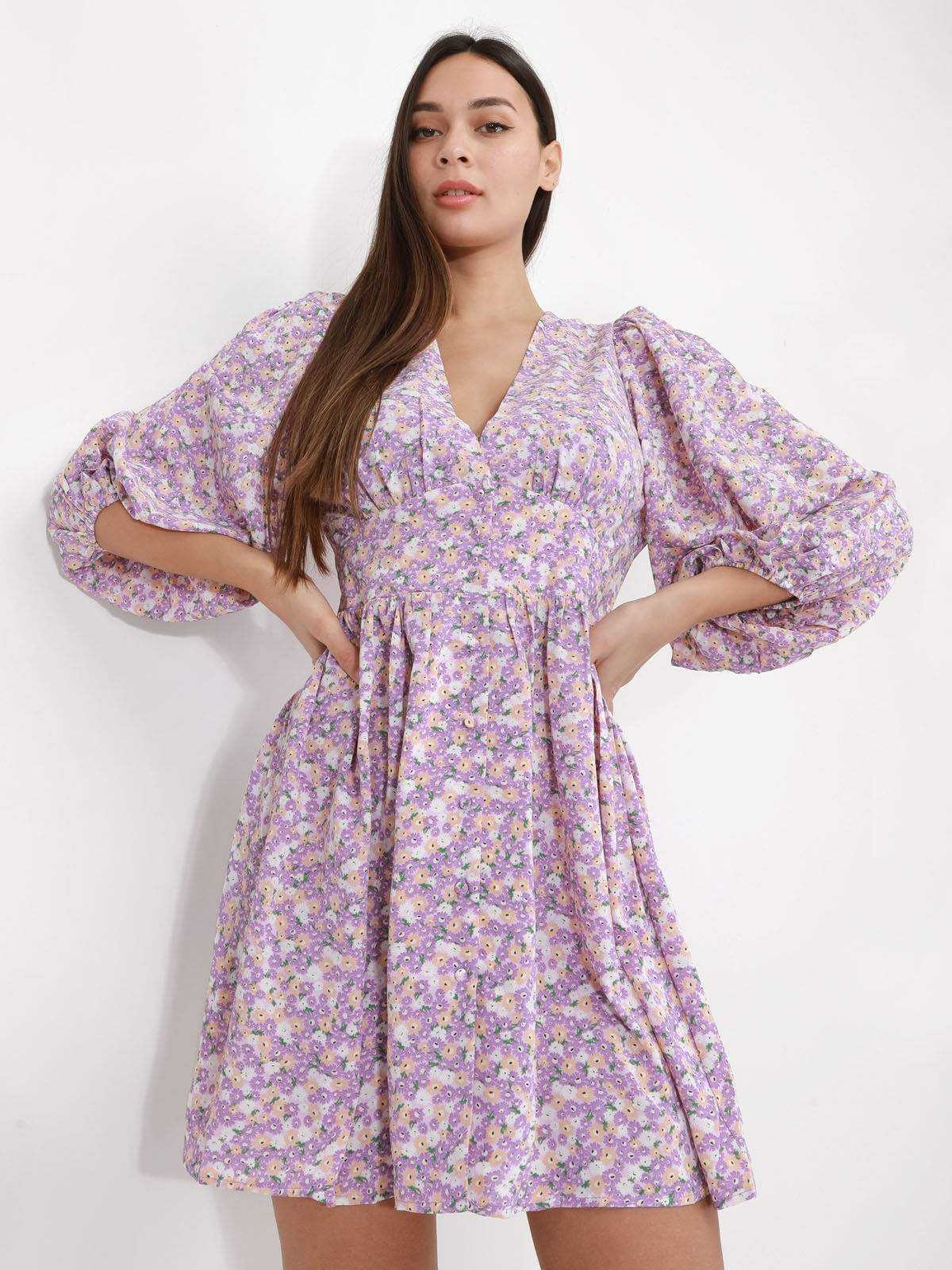 Robe patineuse à fleurs et boutons- Lilas
