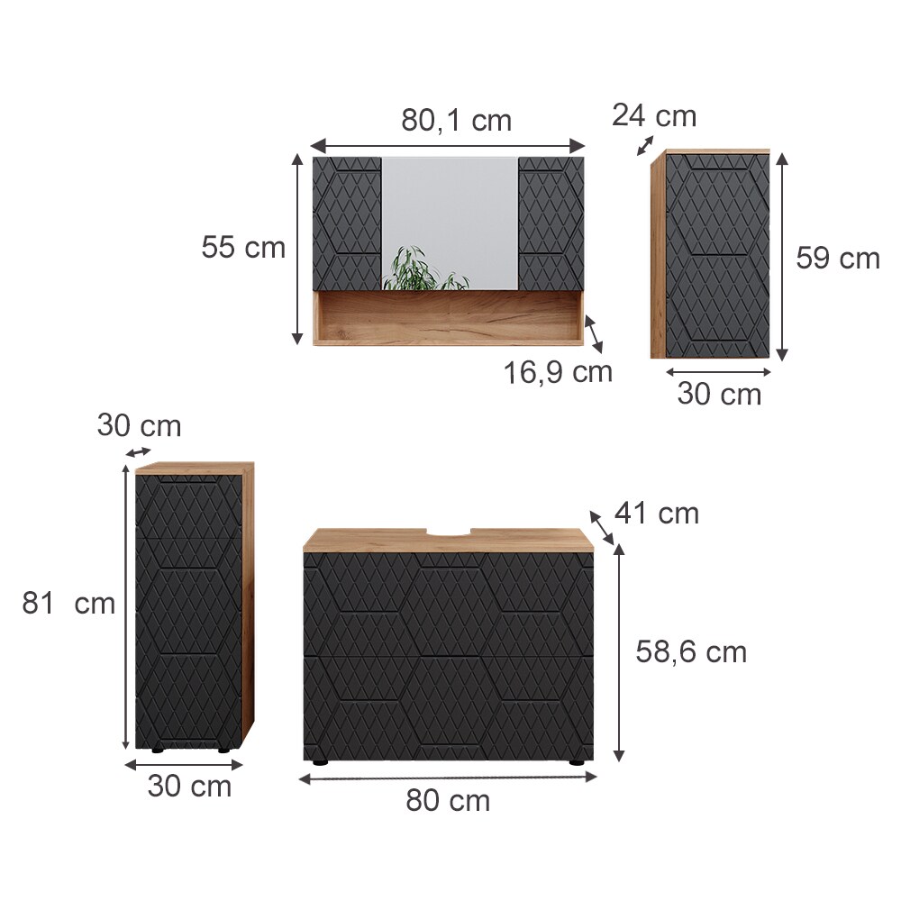 Vicco Badmöbel-Set Irma Eiche Anthrazit 4-teilig Midischrank 81 cm Hängeschrank