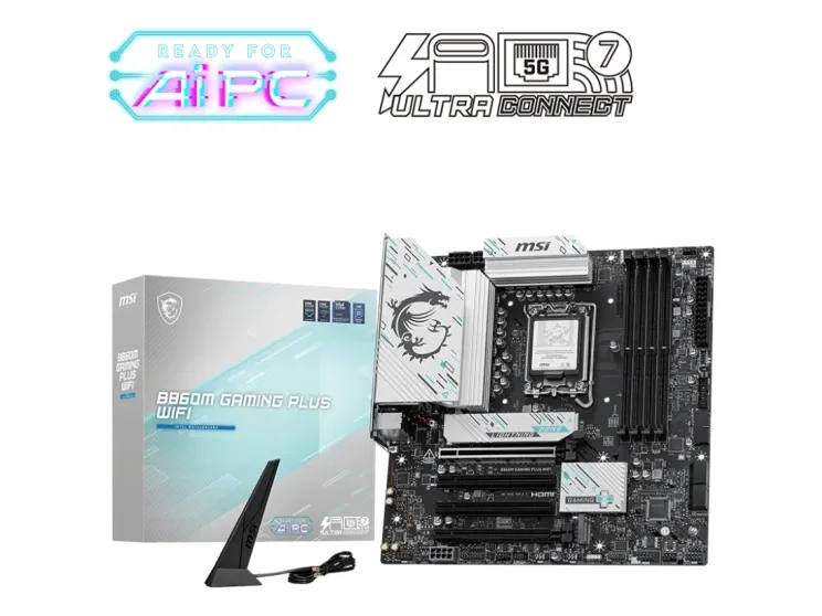 MSI B860M GAMING PLUS WIFI - Bundkort - micro ATX - LGA1851 sokkel - B860 Chipset - USB-C 3.2 Gen2, USB-C 3.2 Gen 1, USB 3.2 Gen 1 - 5 Gigabit Ethernet, Wi-Fi 7, Bluetooth - onboard grafik (CPU påkrævet) - HD Audio (8-kanaler)