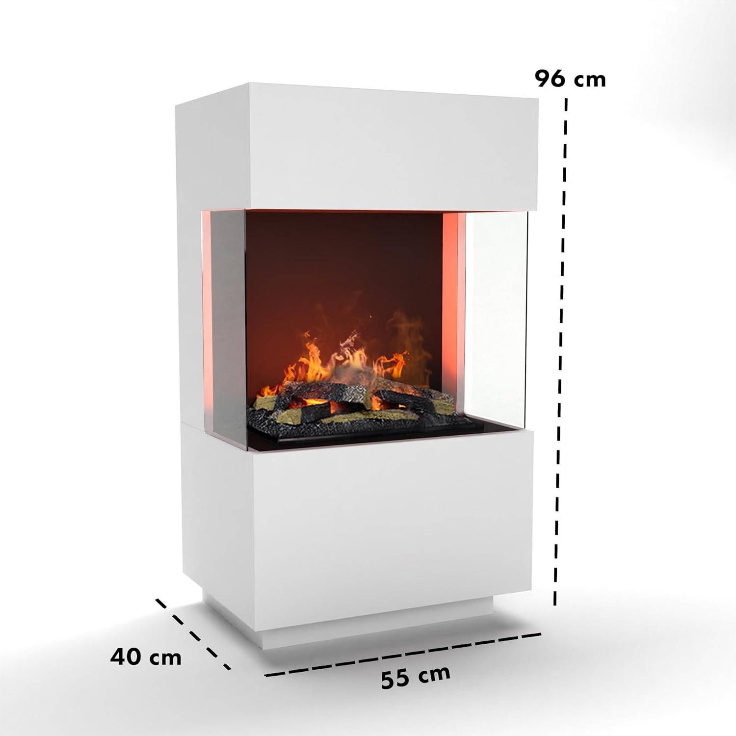 GLOW FIRE Wasserdampf Kamin OGF 1 Mini (Standkamin) - Elektrokamin mit realistischen LED 3D-Flammen, Knistereffekt & Fernbedienung, 55x96x40 cm - Opti-Myst 400 Elektro Kamin mit Holz-Deko, Weiß