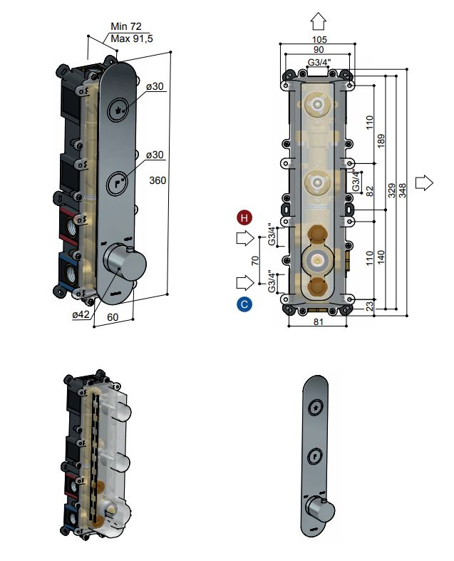 Hotbath Cobber Afbouwdeel thermostaat Verticaal met 2 push buttons Geborsteld Nikkel PB066