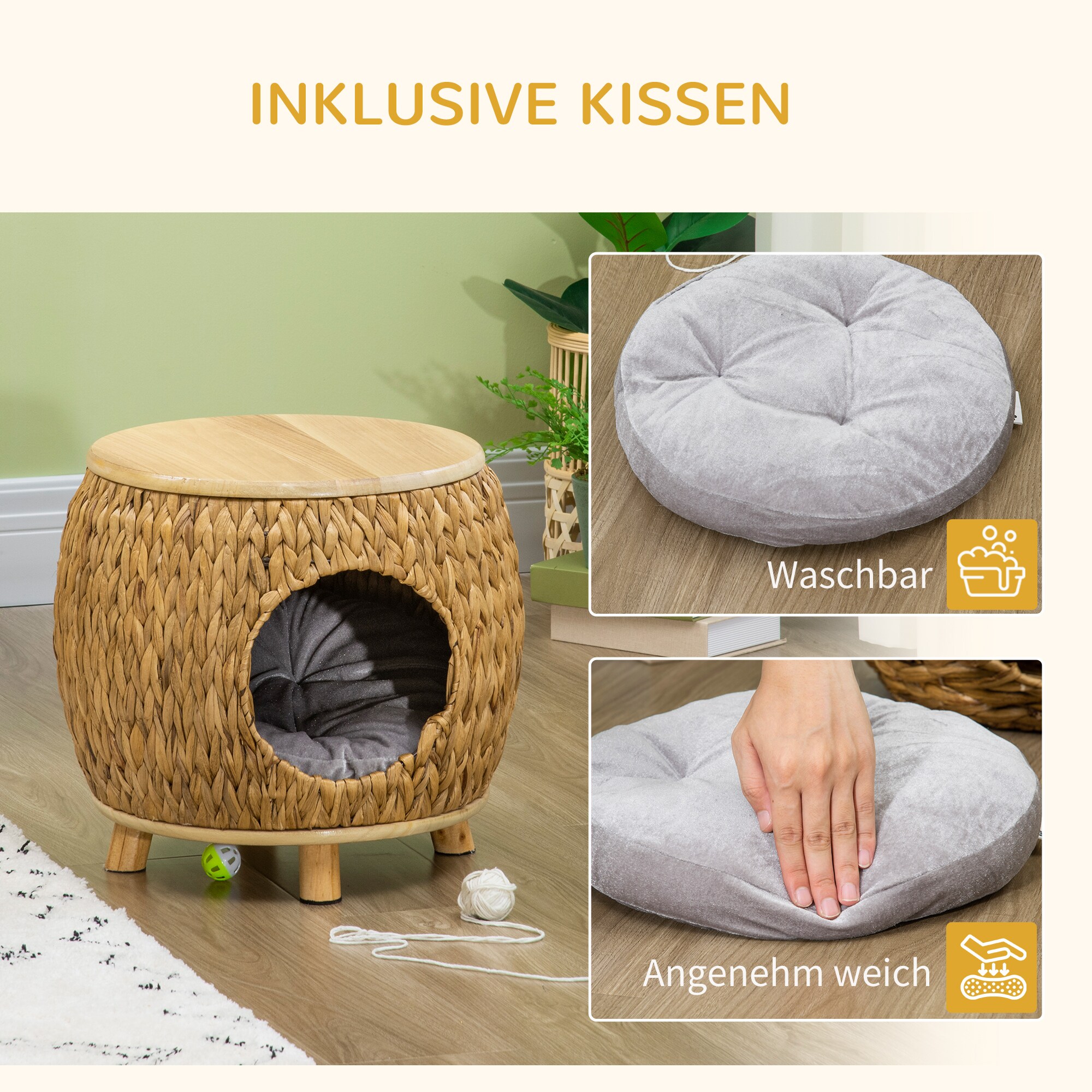 PawHut Rattan Katzenhaus mit Kissen natur 44L x 43B x 42H cm