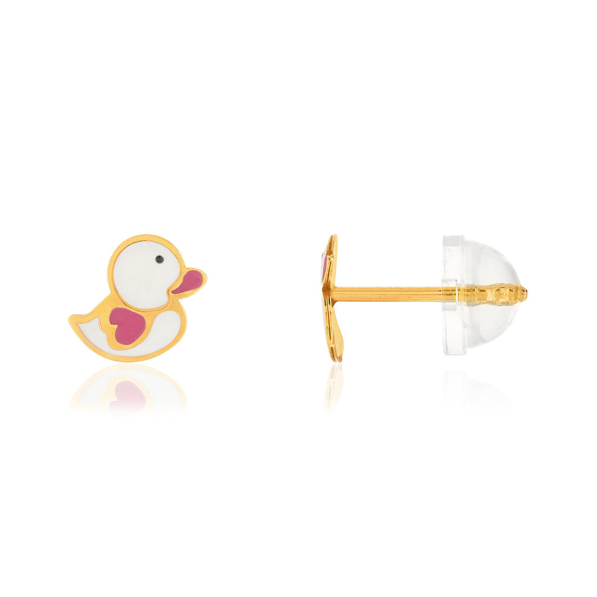 Boucles d'oreilles or jaune 375, laque. Motif canard.