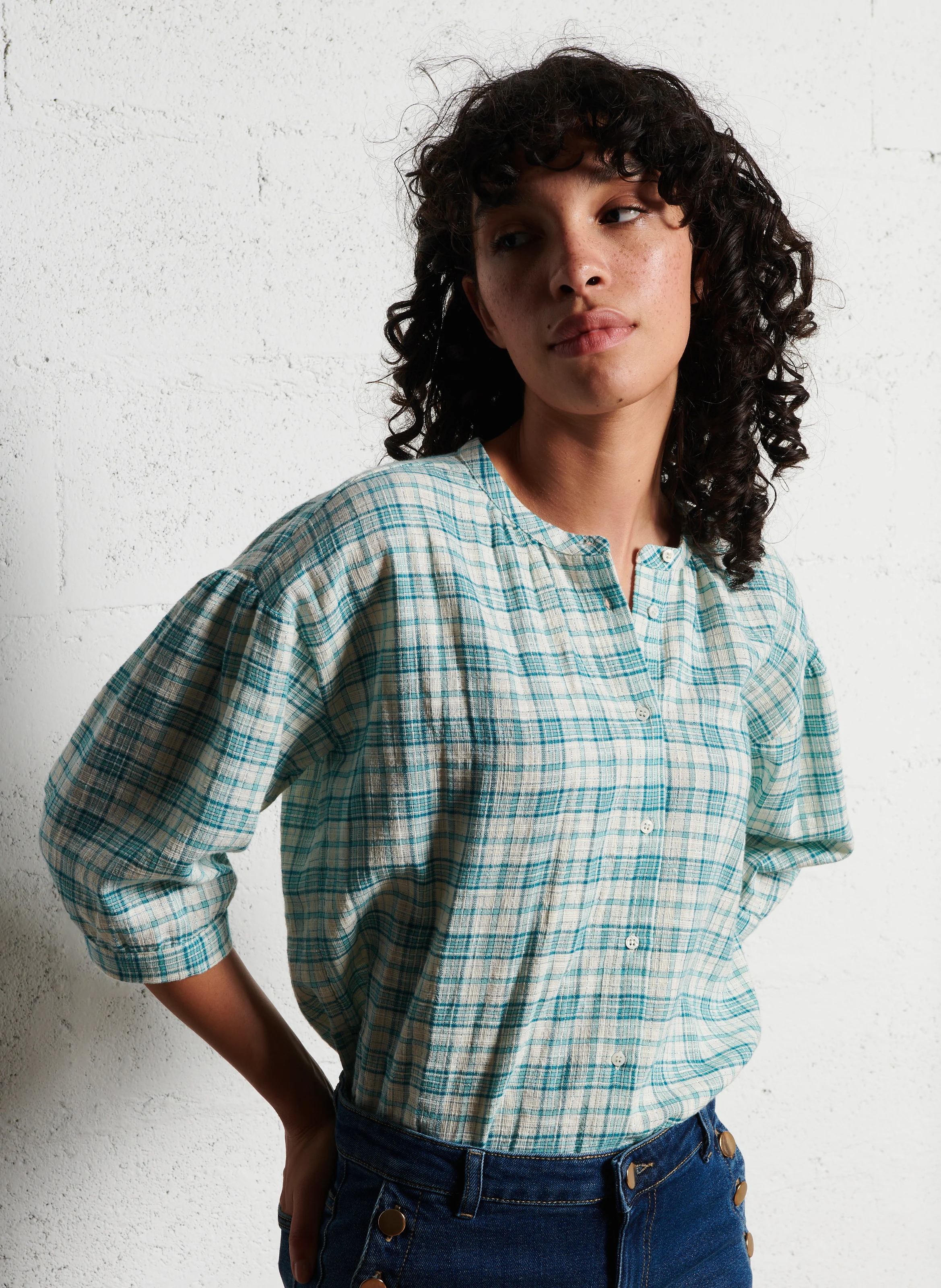 BELLE - Chemise droite imprimée en coton mélangé | Bleu
