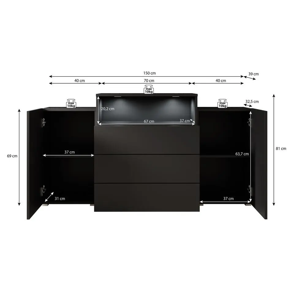 Meubella - Dressoir Universal - Mat Zwart - 150 cm