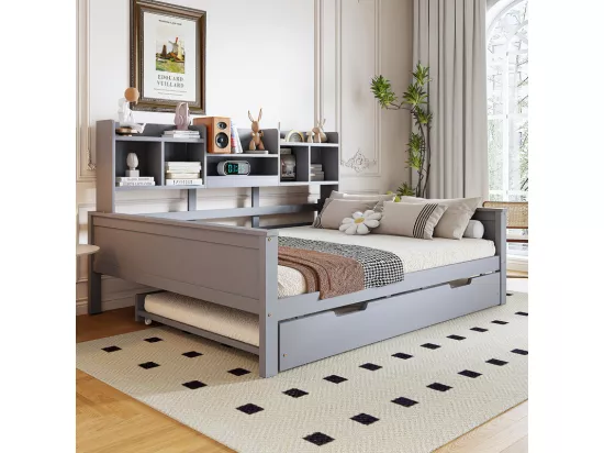 Canapé-lit gigogne 140x200 cm - Lit gigogne 90x190 cm - avec rangement - sommier à lattes - pin multi - gris (matelas non inclus)