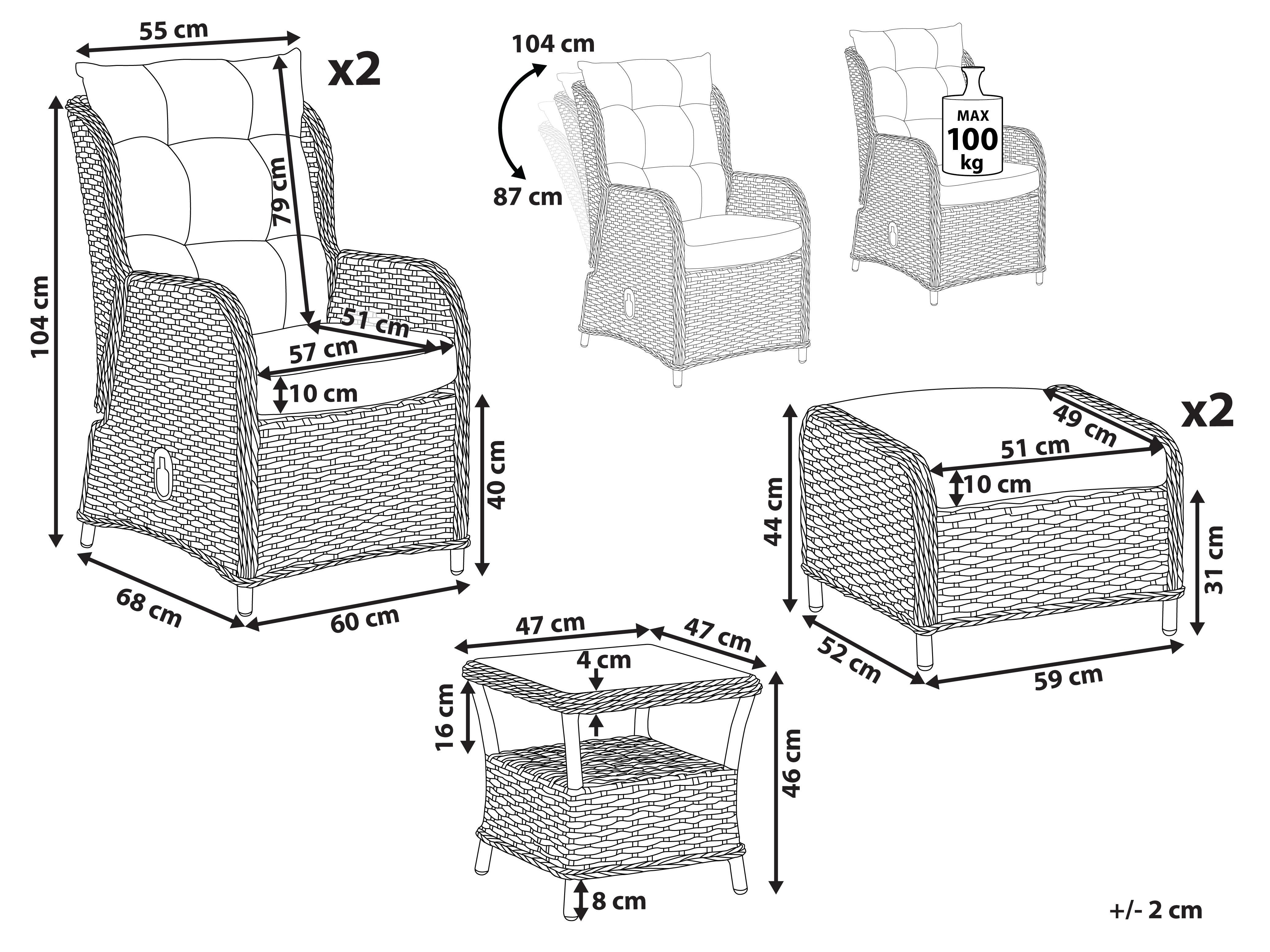 Loungeset met tafel en ottomaan 2-zits PONZA PE rotan Bruin