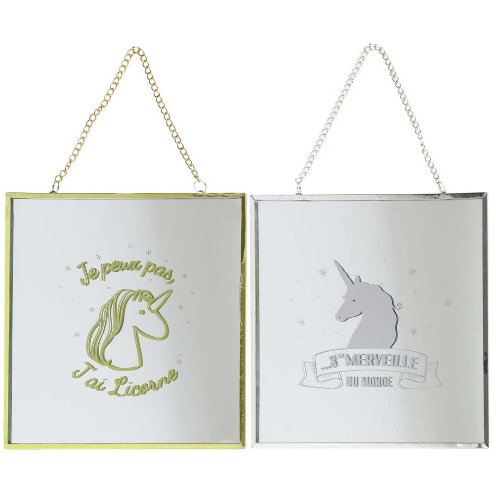 Miroir carré avec chainette licorne (lot de 2)