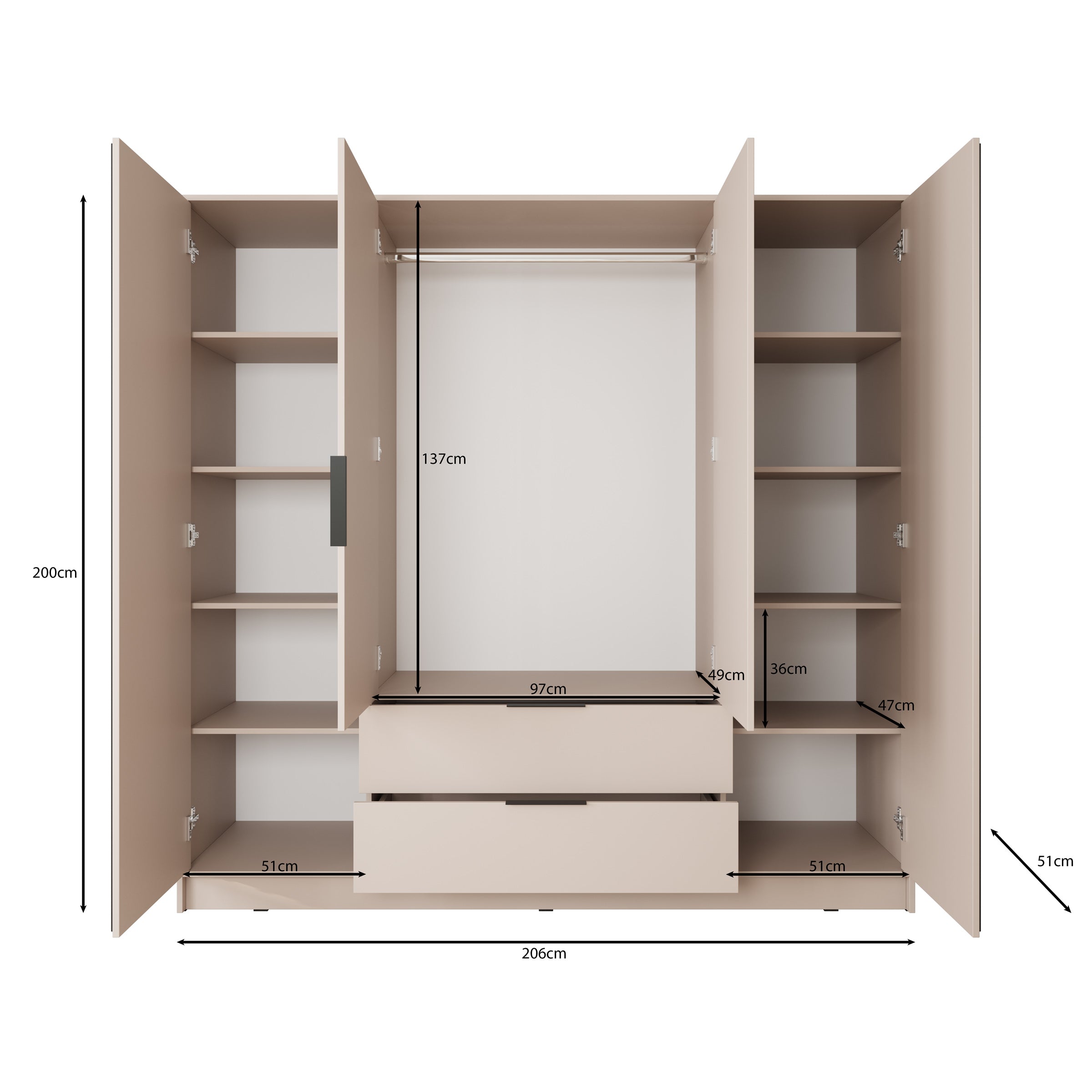 Nairobi - Kledingkast 4-deurs - Beige/zwart - 206x51x200 cm