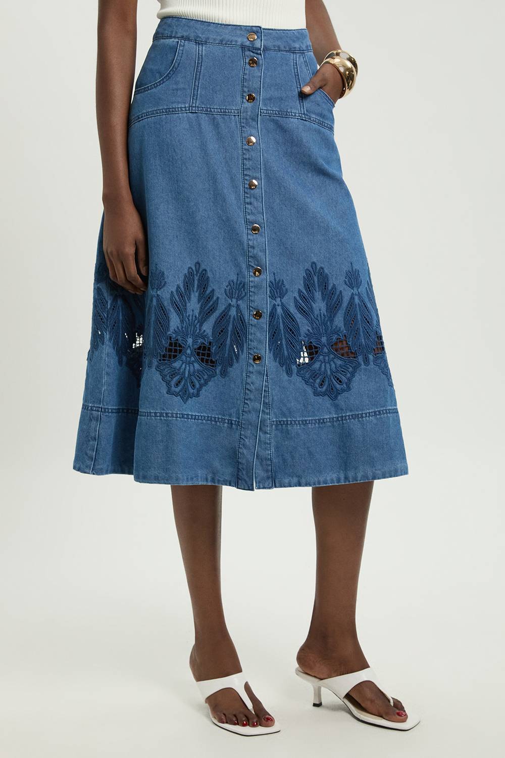KarenMillen Jupe Midi Évasée En Denim Avec Découpes