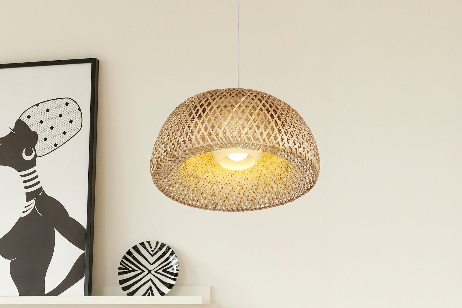Malacca taklampe Ø:45cm, natur flettet bambus, E27